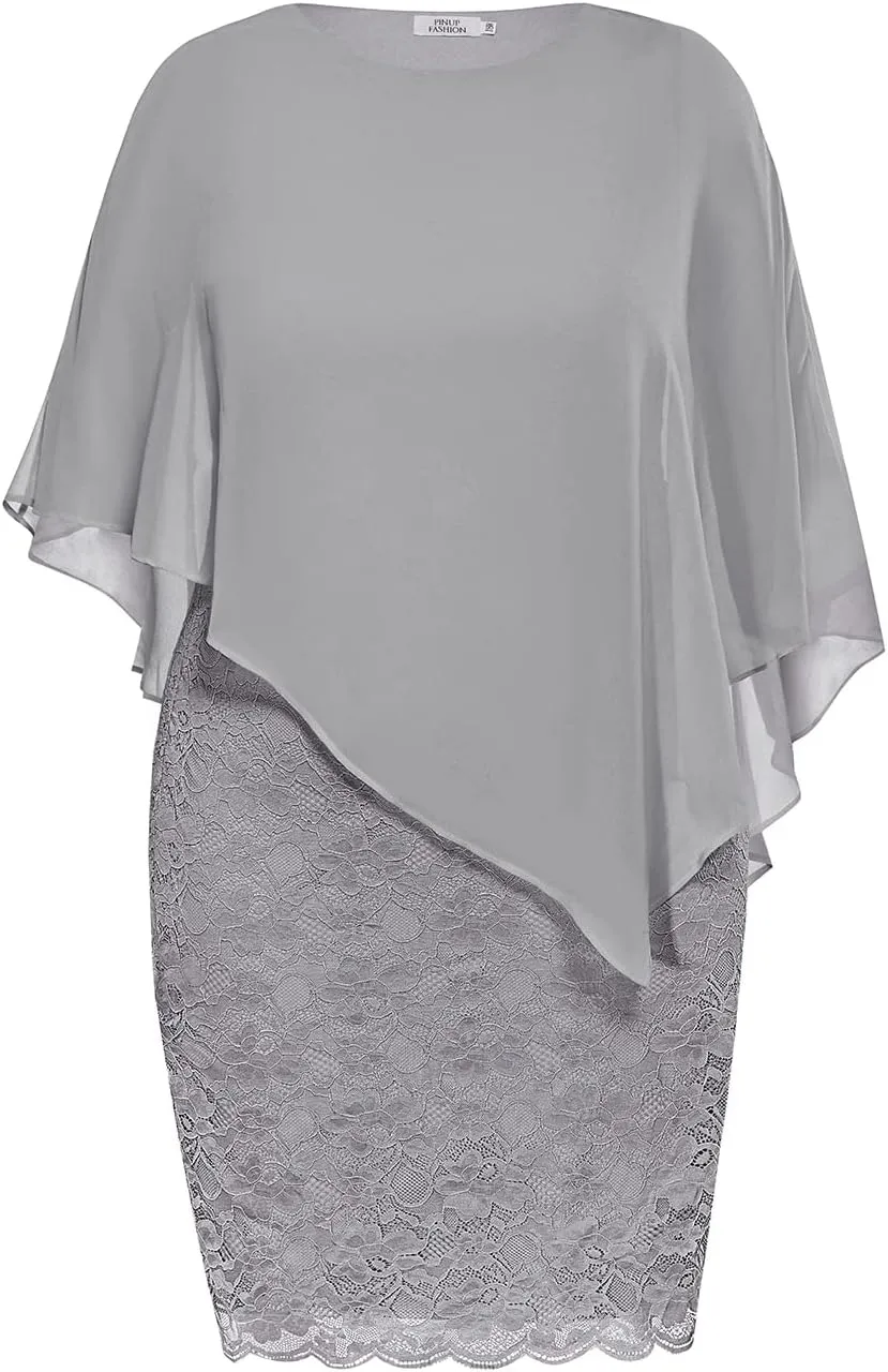 Plus Size Dresses Wedding Guest - Mother Bride Semi Formal Lace Cape with Chiffon Overlay Dresses