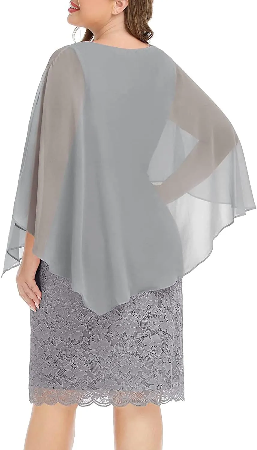 Plus Size Dresses Wedding Guest - Mother Bride Semi Formal Lace Cape with Chiffon Overlay Dresses