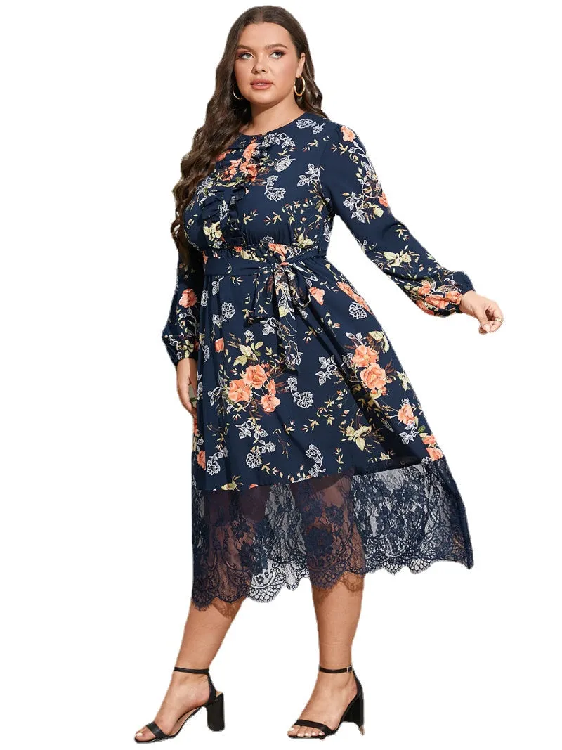 Plus Size Floral Print Belt Design Lace Hem Dress