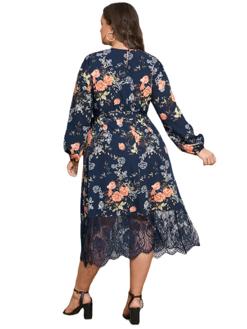Plus Size Floral Print Belt Design Lace Hem Dress