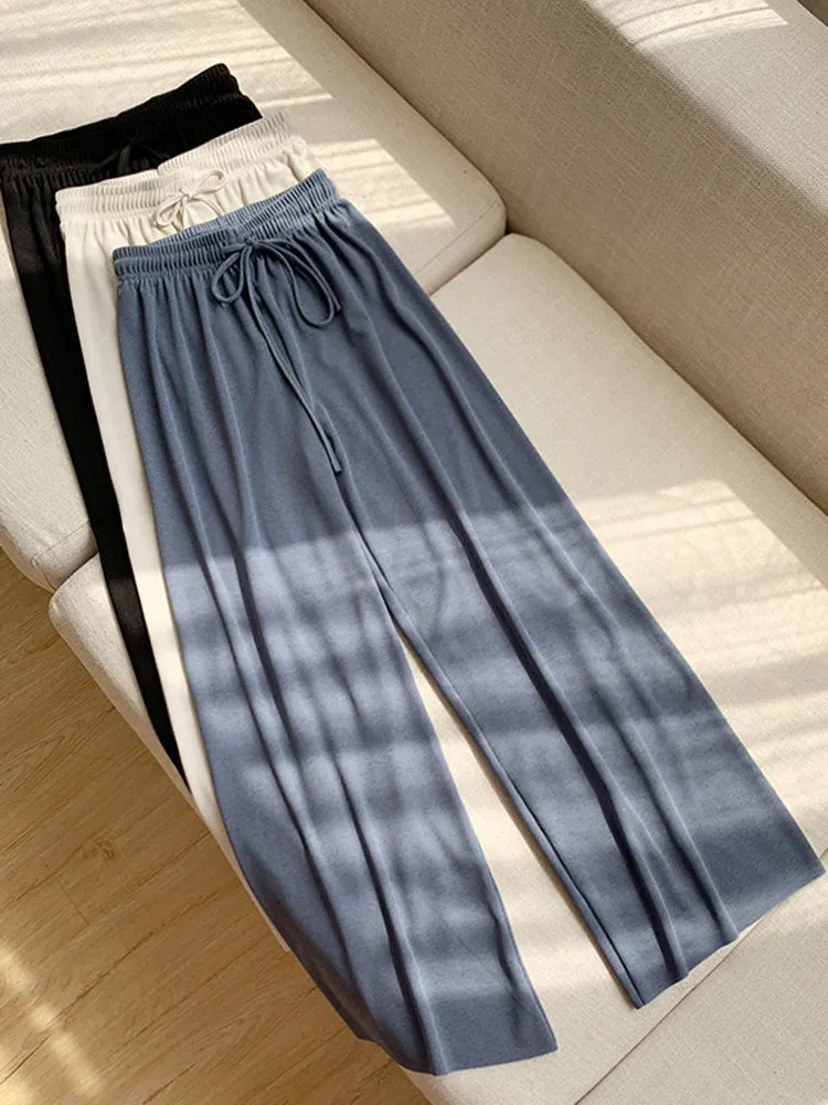 Plus Size Ice Silk Wide Leg Pants Women Drape Floor Length Long Loose Casual Pants