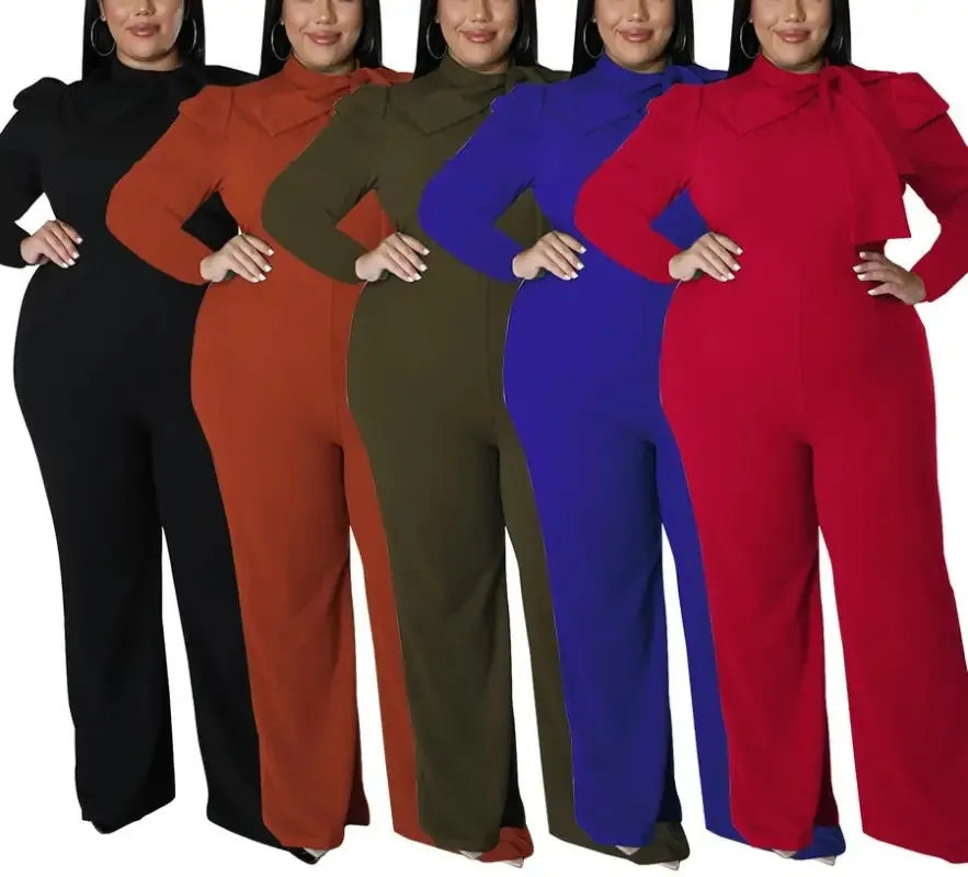 Plus Size In The Office Stretch Bow Zip-Up Jumpsuit