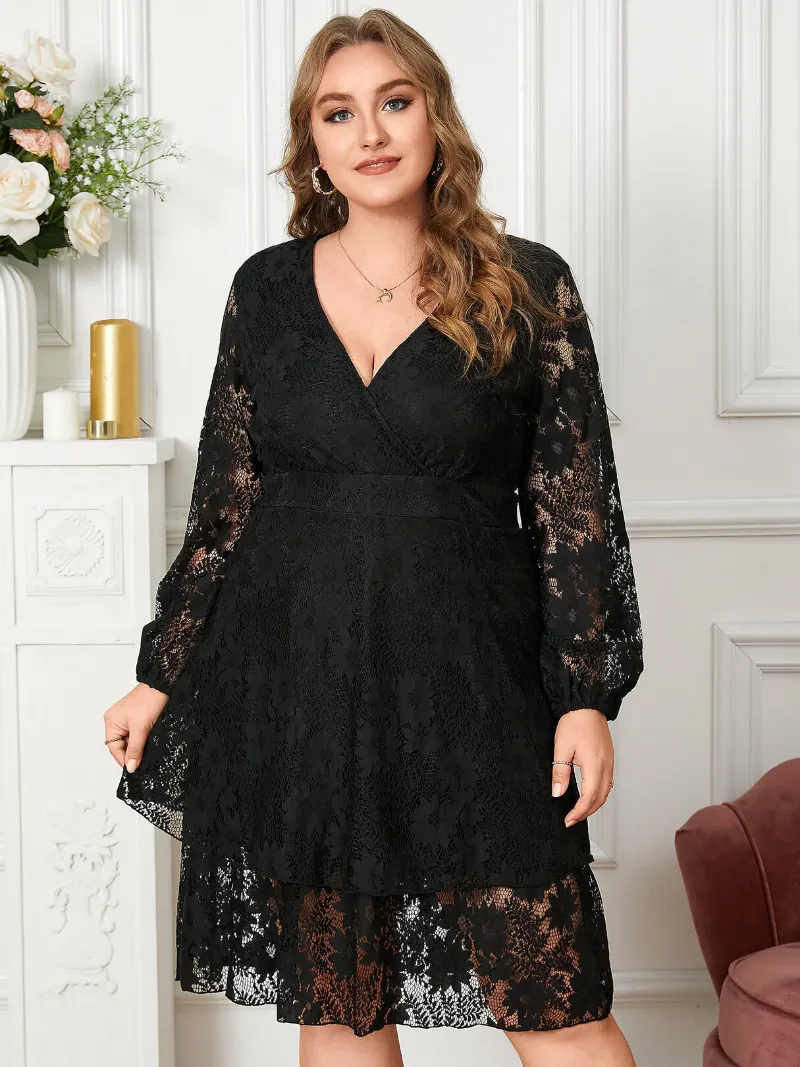 Plus Size V Neck Crossed Front Zip Back Fastening Dress