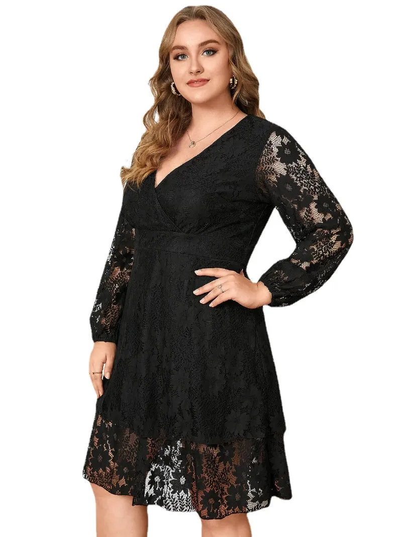 Plus Size V Neck Crossed Front Zip Back Fastening Dress