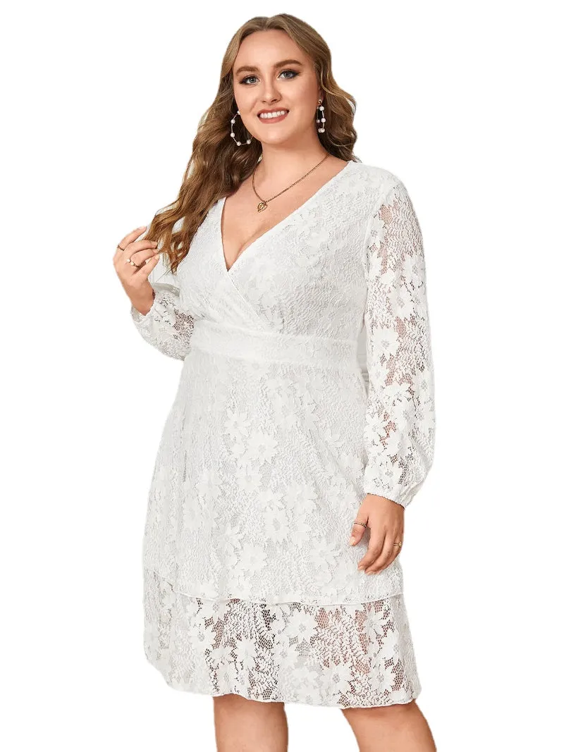 Plus Size V Neck Crossed Front Zip Back Fastening Dress