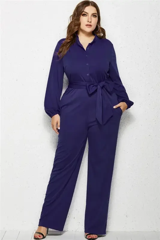 Plus-Size Wide Leg Belted Jumpsuit