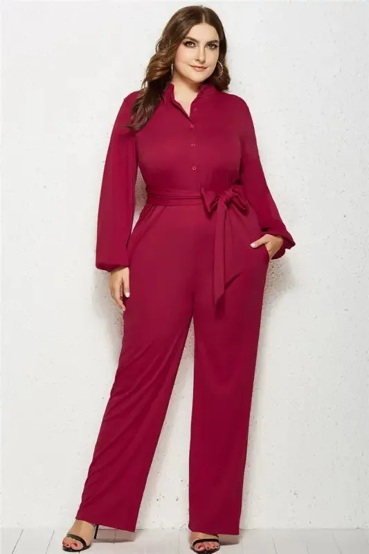 Plus-Size Wide Leg Belted Jumpsuit