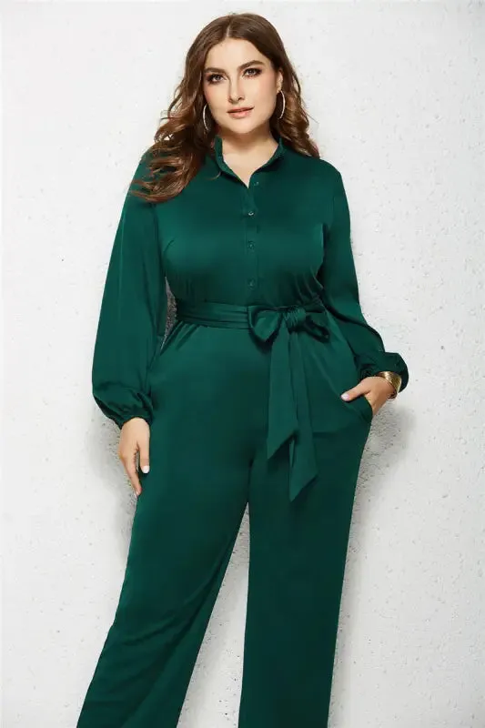 Plus-Size Wide Leg Belted Jumpsuit