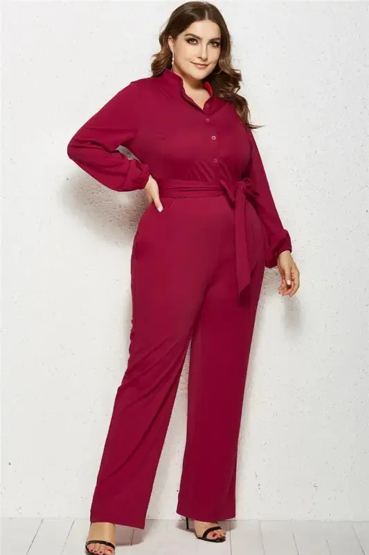 Plus-Size Wide Leg Belted Jumpsuit