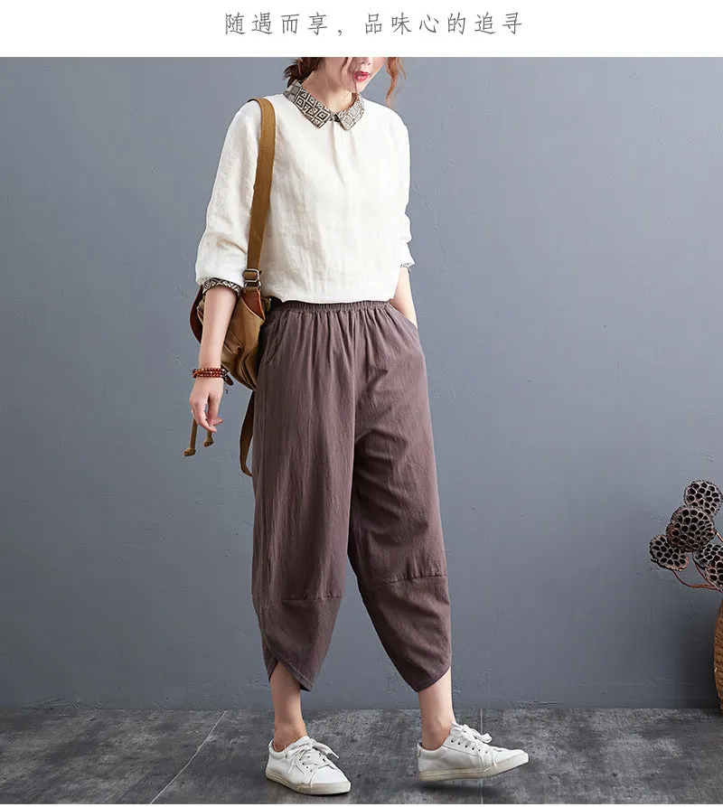 Plus Size Women Pants Cultural Style Cotton Wide Leg All-Matching Art Slim Look Harem Ankle-Length Pants