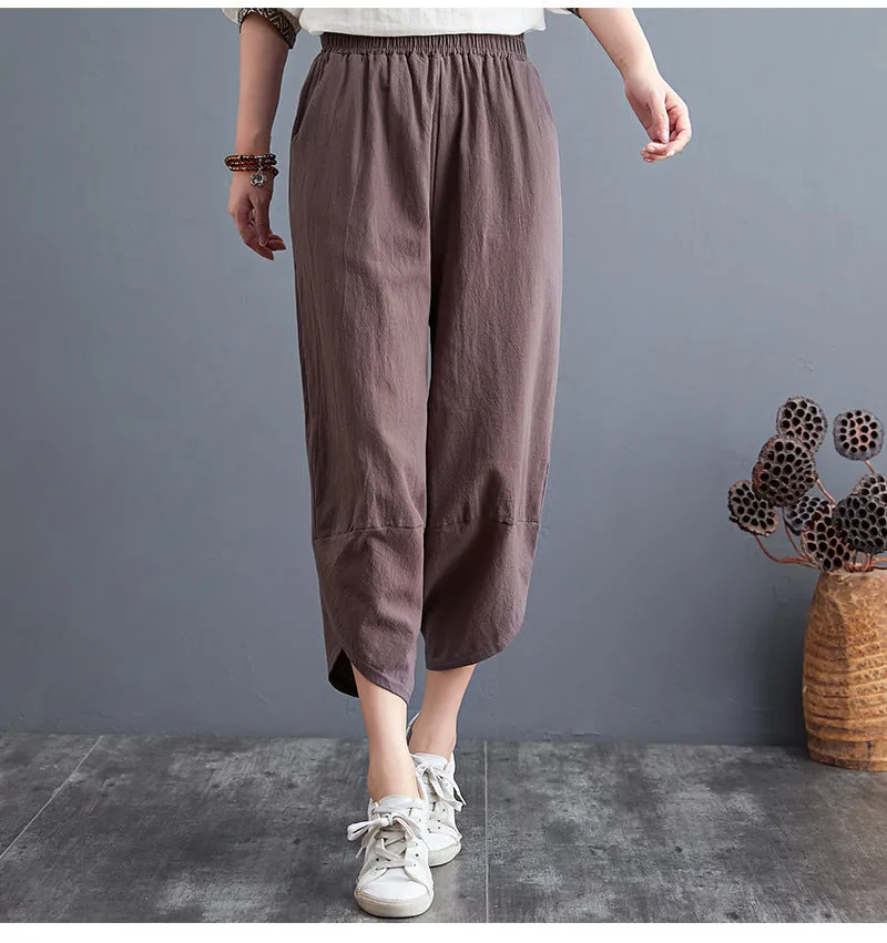 Plus Size Women Pants Cultural Style Cotton Wide Leg All-Matching Art Slim Look Harem Ankle-Length Pants