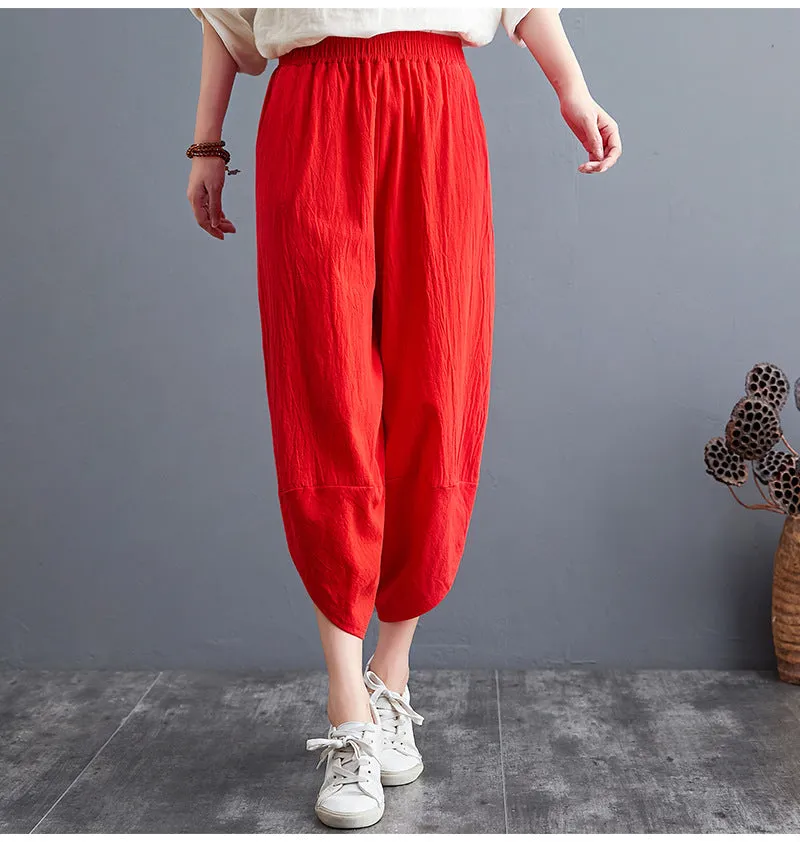 Plus Size Women Pants Cultural Style Cotton Wide Leg All-Matching Art Slim Look Harem Ankle-Length Pants