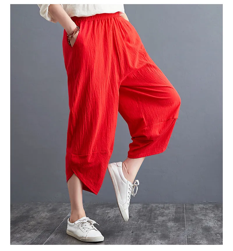 Plus Size Women Pants Cultural Style Cotton Wide Leg All-Matching Art Slim Look Harem Ankle-Length Pants