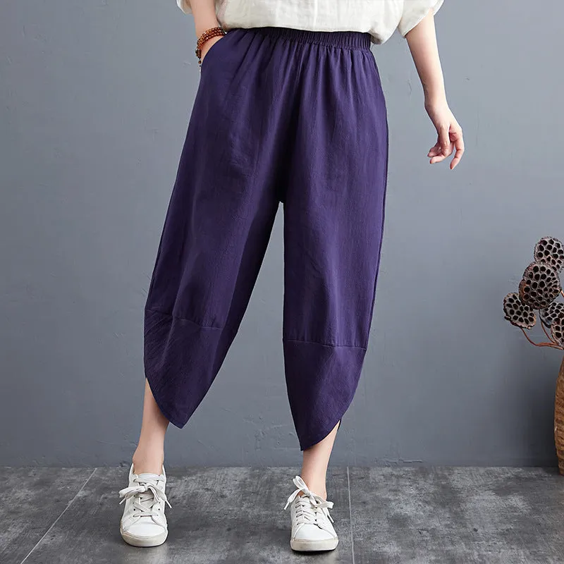 Plus Size Women Pants Cultural Style Cotton Wide Leg All-Matching Art Slim Look Harem Ankle-Length Pants