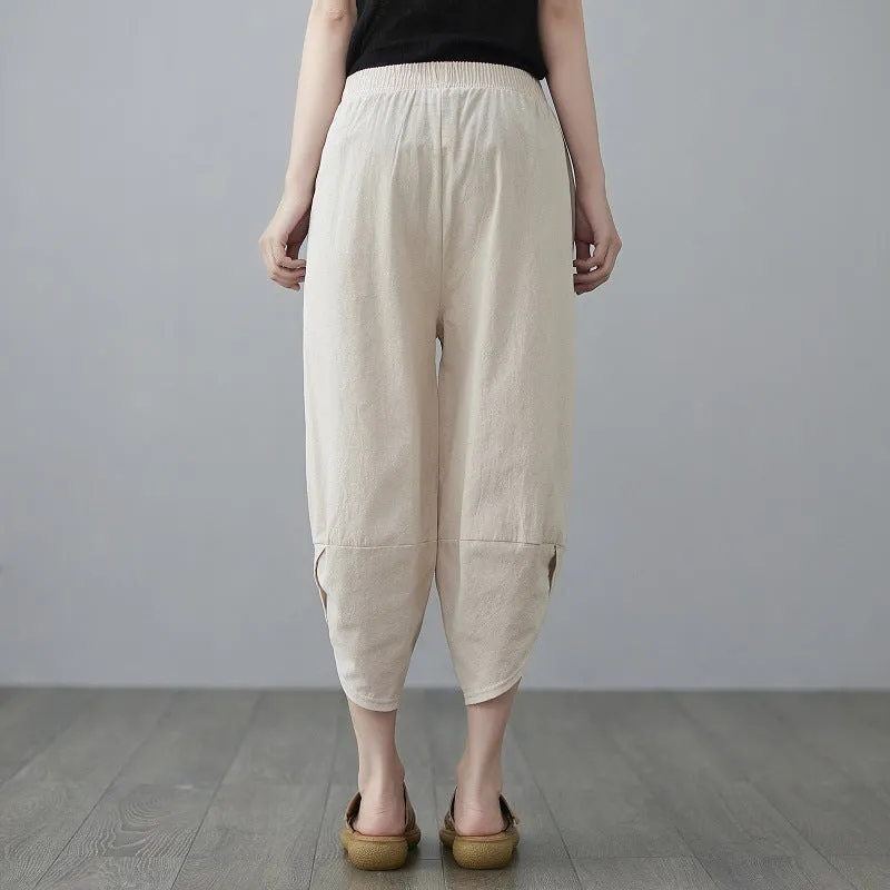 Plus Size Women Pants Cultural Style Cotton Wide Leg All-Matching Art Slim Look Harem Ankle-Length Pants