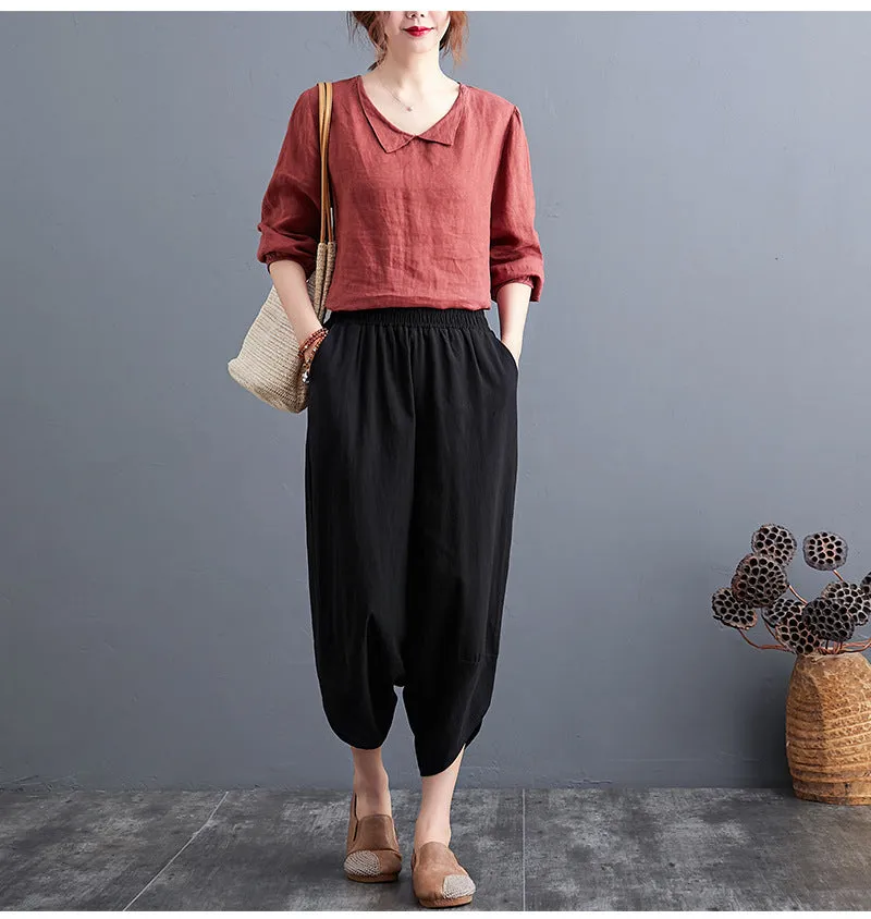 Plus Size Women Pants Cultural Style Cotton Wide Leg All-Matching Art Slim Look Harem Ankle-Length Pants