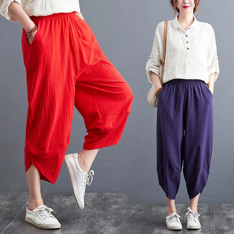 Plus Size Women Pants Cultural Style Cotton Wide Leg All-Matching Art Slim Look Harem Ankle-Length Pants