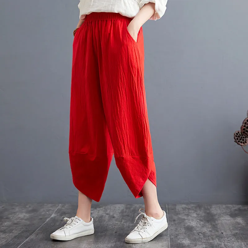 Plus Size Women Pants Cultural Style Cotton Wide Leg All-Matching Art Slim Look Harem Ankle-Length Pants
