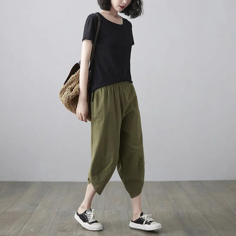 Plus Size Women Pants Cultural Style Cotton Wide Leg All-Matching Art Slim Look Harem Ankle-Length Pants