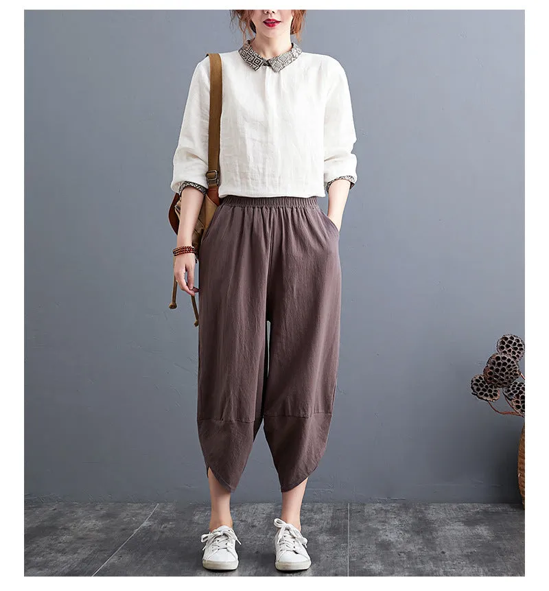 Plus Size Women Pants Cultural Style Cotton Wide Leg All-Matching Art Slim Look Harem Ankle-Length Pants