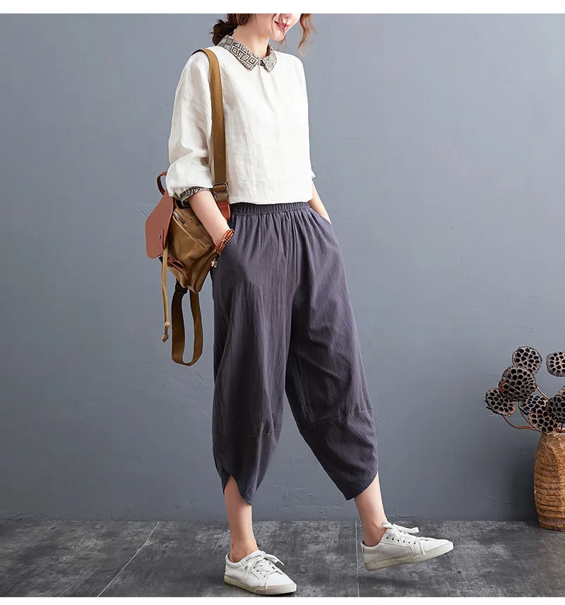 Plus Size Women Pants Cultural Style Cotton Wide Leg All-Matching Art Slim Look Harem Ankle-Length Pants