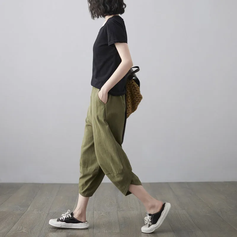 Plus Size Women Pants Cultural Style Cotton Wide Leg All-Matching Art Slim Look Harem Ankle-Length Pants