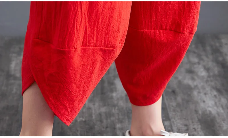 Plus Size Women Pants Cultural Style Cotton Wide Leg All-Matching Art Slim Look Harem Ankle-Length Pants
