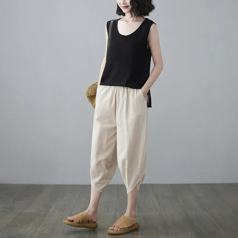 Plus Size Women Pants Cultural Style Cotton Wide Leg All-Matching Art Slim Look Harem Ankle-Length Pants