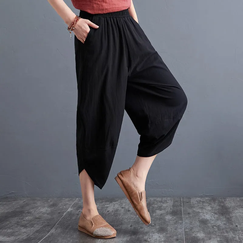 Plus Size Women Pants Cultural Style Cotton Wide Leg All-Matching Art Slim Look Harem Ankle-Length Pants