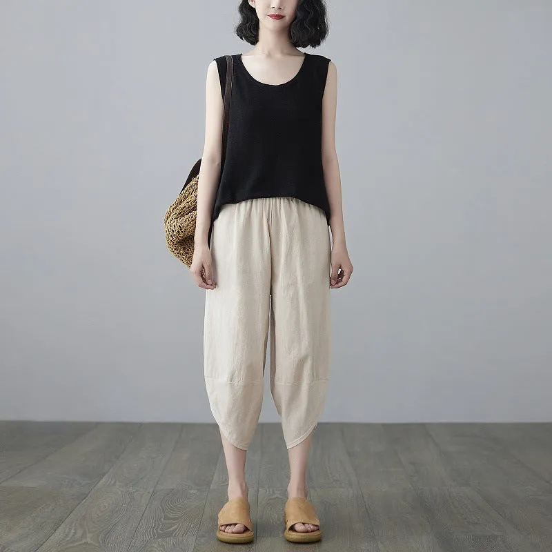 Plus Size Women Pants Cultural Style Cotton Wide Leg All-Matching Art Slim Look Harem Ankle-Length Pants