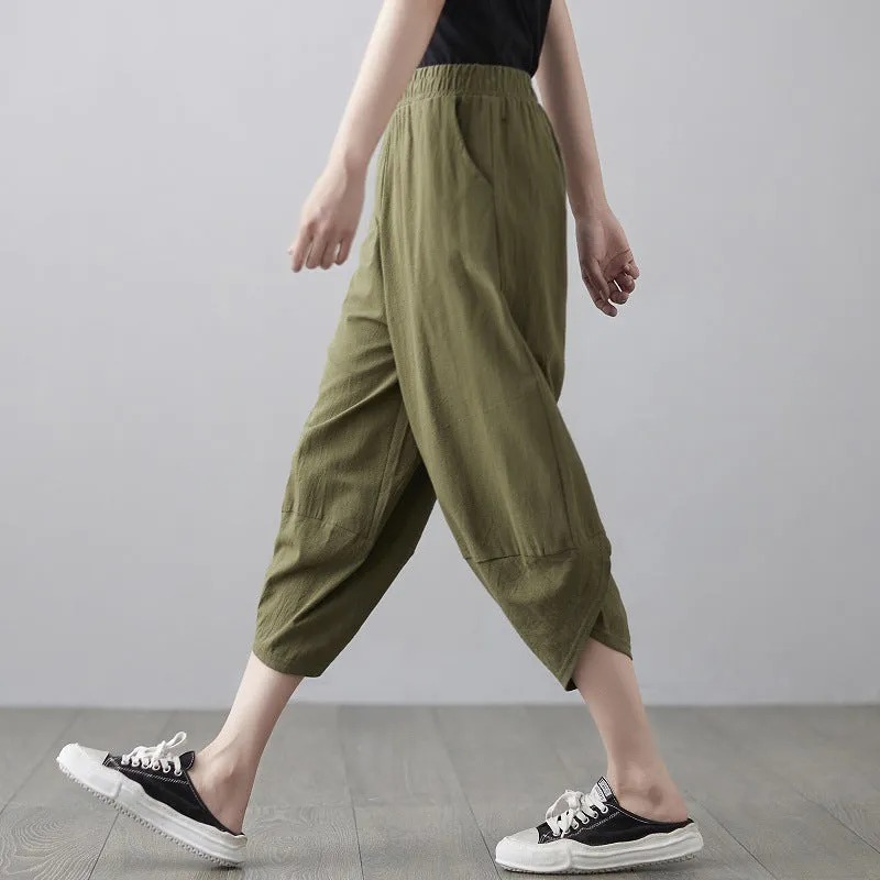 Plus Size Women Pants Cultural Style Cotton Wide Leg All-Matching Art Slim Look Harem Ankle-Length Pants