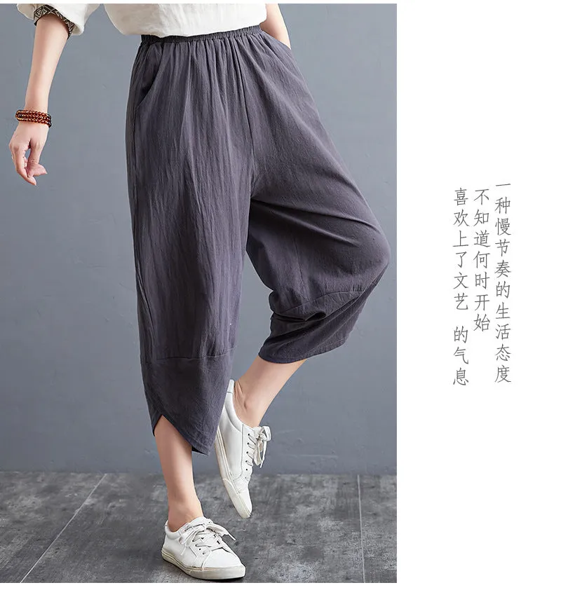 Plus Size Women Pants Cultural Style Cotton Wide Leg All-Matching Art Slim Look Harem Ankle-Length Pants
