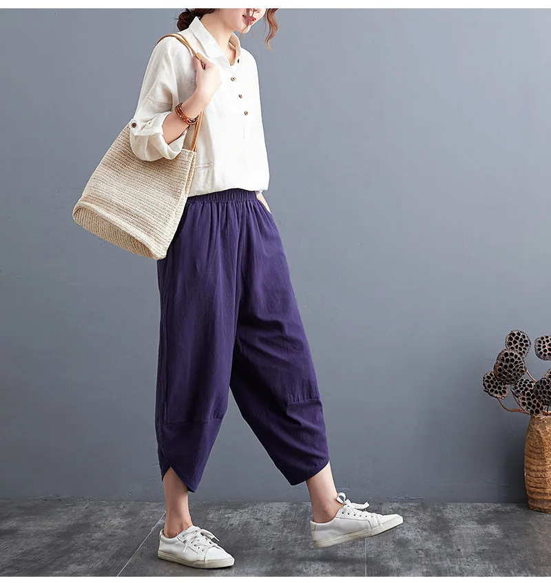 Plus Size Women Pants Cultural Style Cotton Wide Leg All-Matching Art Slim Look Harem Ankle-Length Pants