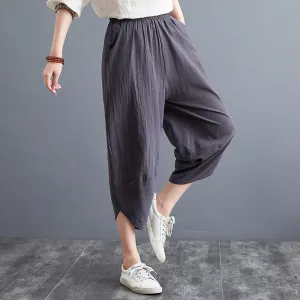 Plus Size Women Pants Cultural Style Cotton Wide Leg All-Matching Art Slim Look Harem Ankle-Length Pants