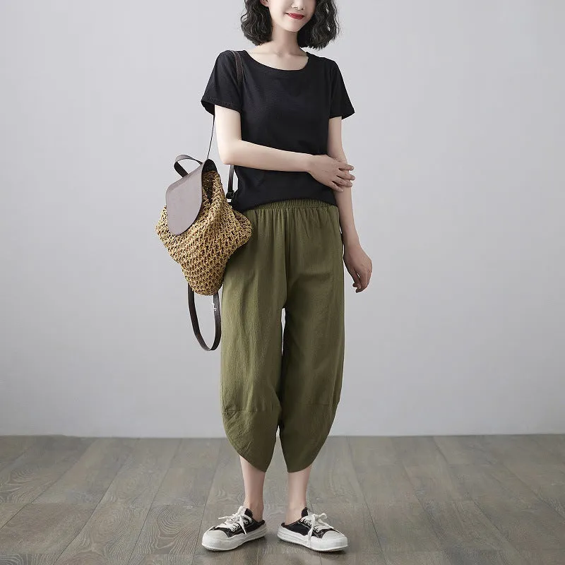 Plus Size Women Pants Cultural Style Cotton Wide Leg All-Matching Art Slim Look Harem Ankle-Length Pants
