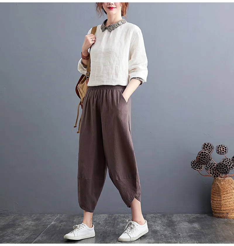 Plus Size Women Pants Cultural Style Cotton Wide Leg All-Matching Art Slim Look Harem Ankle-Length Pants