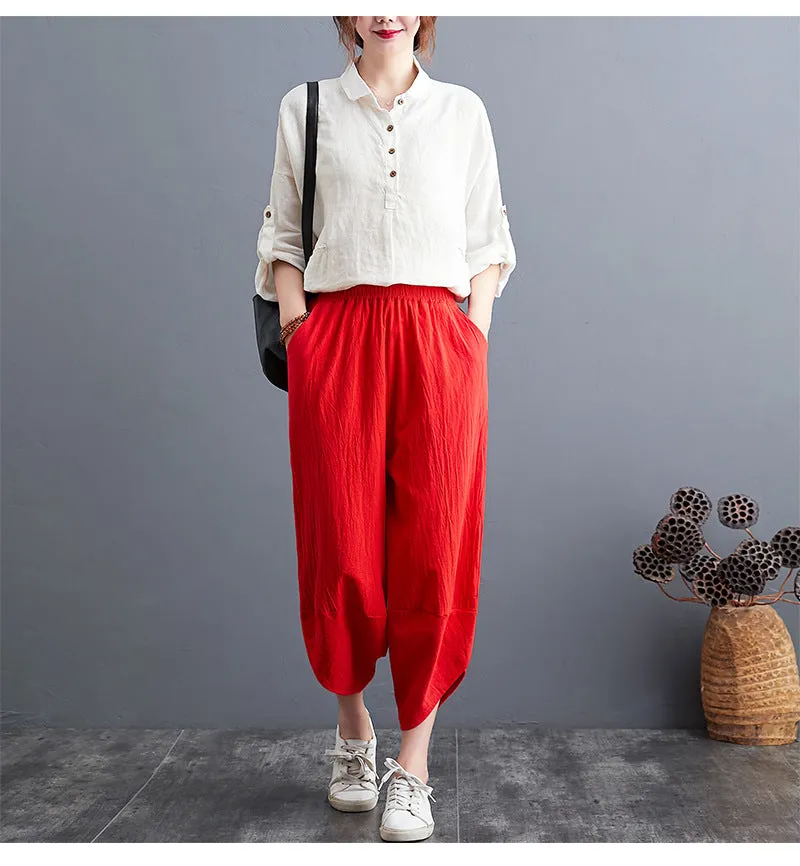 Plus Size Women Pants Cultural Style Cotton Wide Leg All-Matching Art Slim Look Harem Ankle-Length Pants