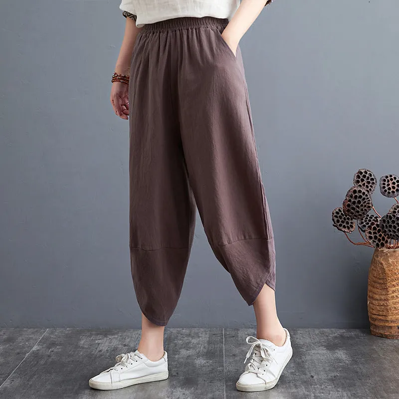 Plus Size Women Pants Cultural Style Cotton Wide Leg All-Matching Art Slim Look Harem Ankle-Length Pants