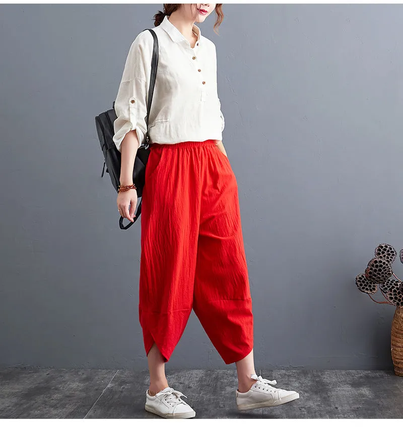Plus Size Women Pants Cultural Style Cotton Wide Leg All-Matching Art Slim Look Harem Ankle-Length Pants