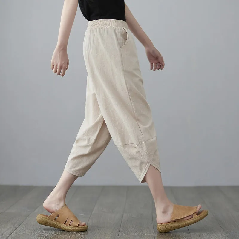 Plus Size Women Pants Cultural Style Cotton Wide Leg All-Matching Art Slim Look Harem Ankle-Length Pants