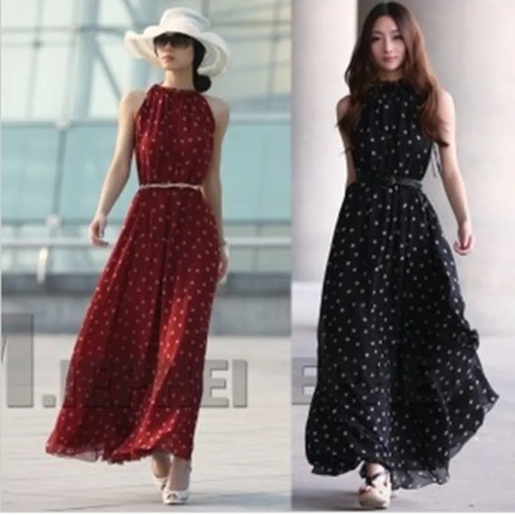 Poker Dots Chiffon Dress Dot Sleeveless Cami Loose Flare Stand Collar Chiffon Dress