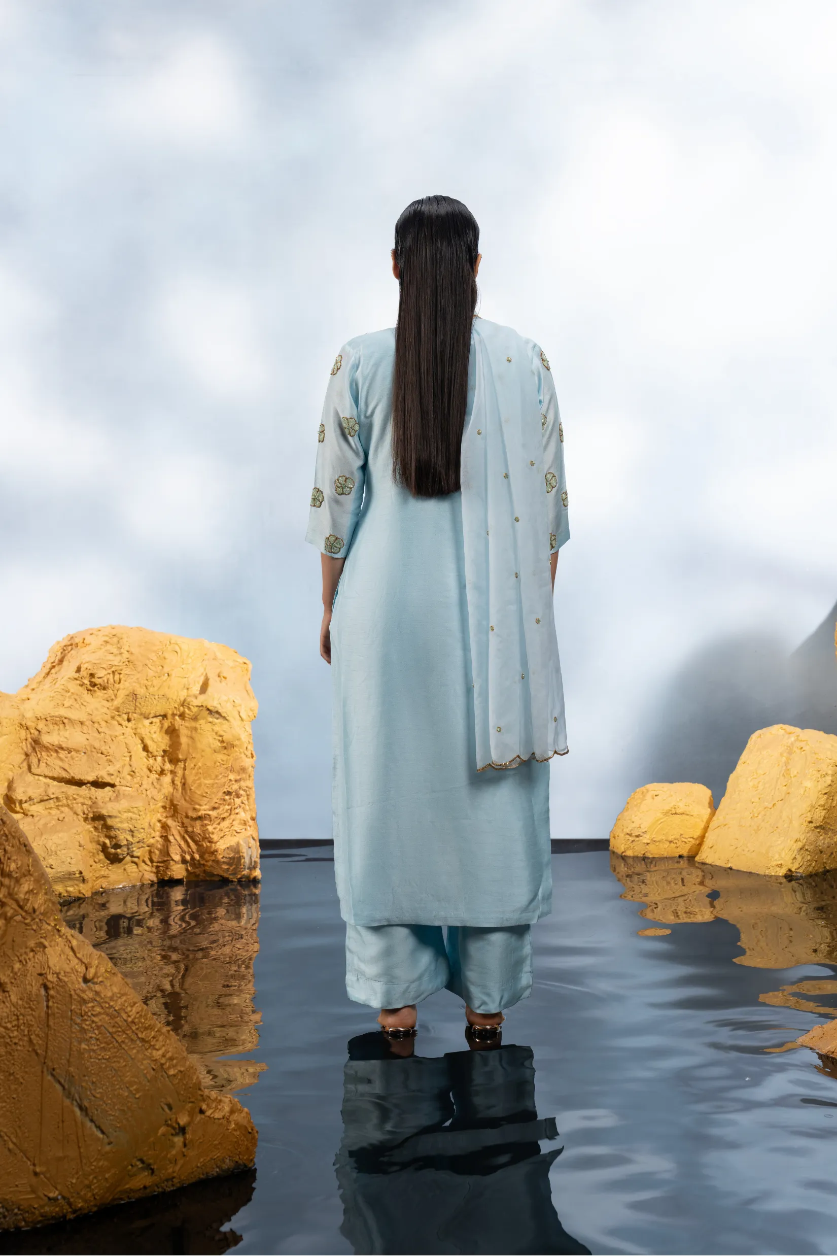 POWER BLUE WITH SEA GREEN FLOWERS STRAIGHT KURTA SET WITH DUPATTA