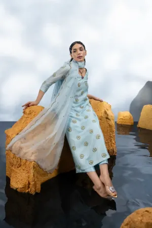 POWER BLUE WITH SEA GREEN FLOWERS STRAIGHT KURTA SET WITH DUPATTA
