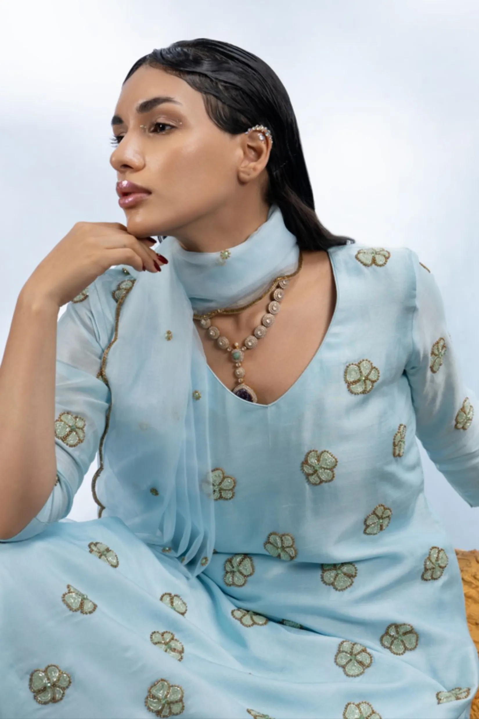 POWER BLUE WITH SEA GREEN FLOWERS STRAIGHT KURTA SET WITH DUPATTA