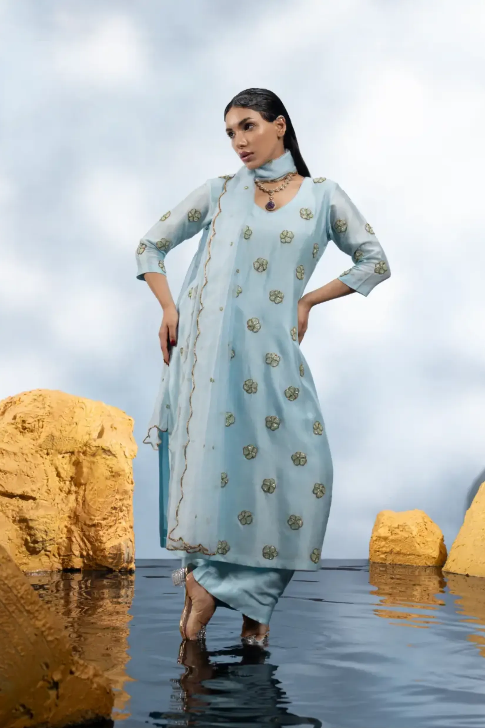 POWER BLUE WITH SEA GREEN FLOWERS STRAIGHT KURTA SET WITH DUPATTA