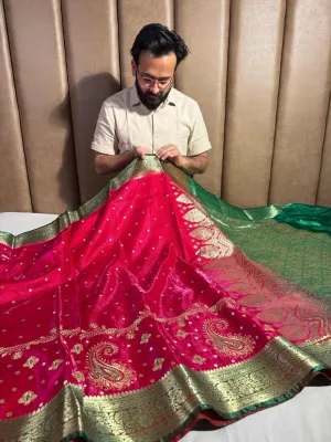 Premium banarasi satin katan silk saree with embroidery work and contrast rich pallu