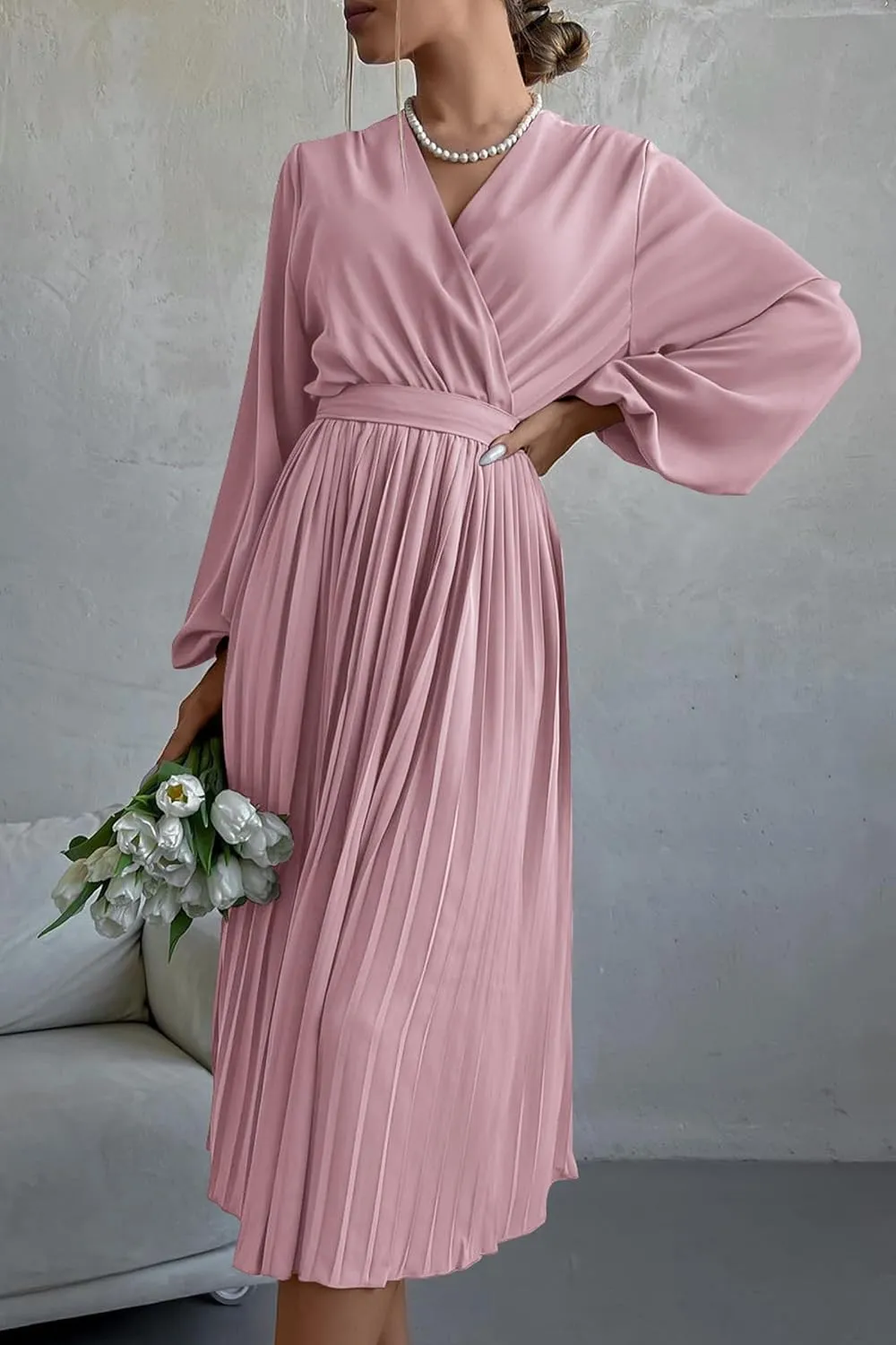 PRETTYGARDEN Women's Spring Midi Dress Long Puff Sleeve Wrap V Neck Flowy Ruffle Pleated Casual Fall Dresses