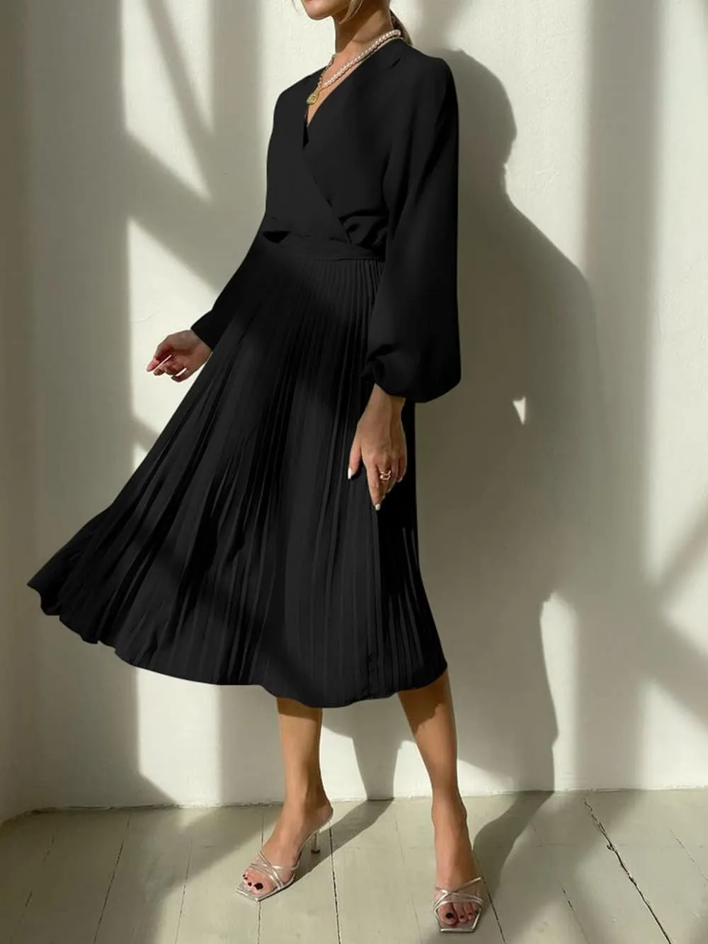 PRETTYGARDEN Women's Spring Midi Dress Long Puff Sleeve Wrap V Neck Flowy Ruffle Pleated Casual Fall Dresses