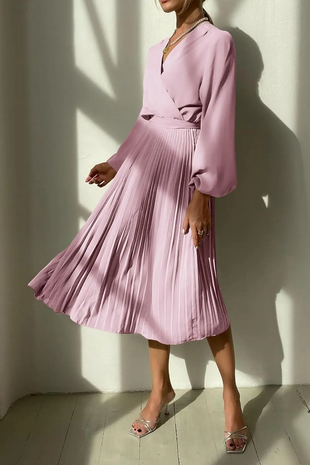 PRETTYGARDEN Women's Spring Midi Dress Long Puff Sleeve Wrap V Neck Flowy Ruffle Pleated Casual Fall Dresses