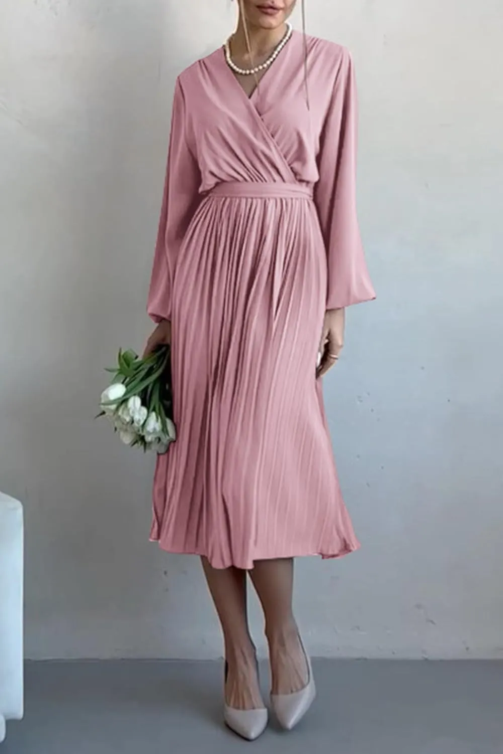 PRETTYGARDEN Women's Spring Midi Dress Long Puff Sleeve Wrap V Neck Flowy Ruffle Pleated Casual Fall Dresses